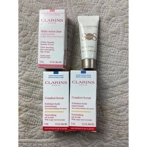 Set of 4*Clarins  SOS Primer/ 2 Comfort Scrub/ Multi-Active Day Cream Travel*New